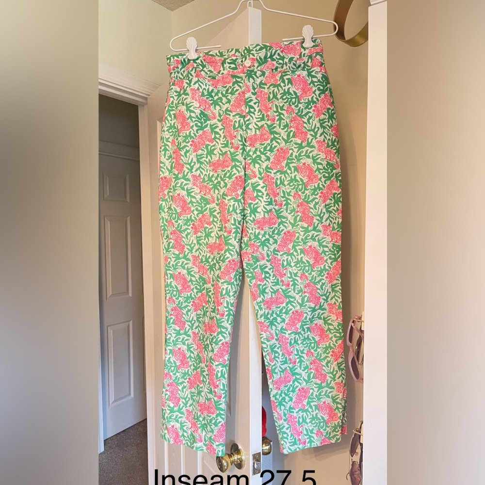 EUC Vintage White Label Lilly Pulitzer Pink& Green Cotton pants-cockatoo design.